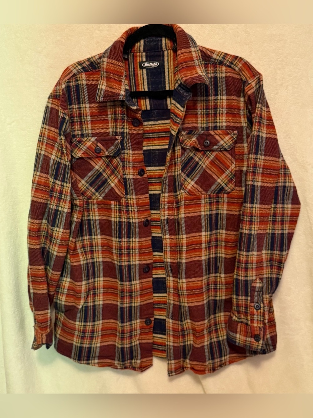 Buffalo David Bitton Rust and Navy Plaid Button-Down Pocket Shirt Size M